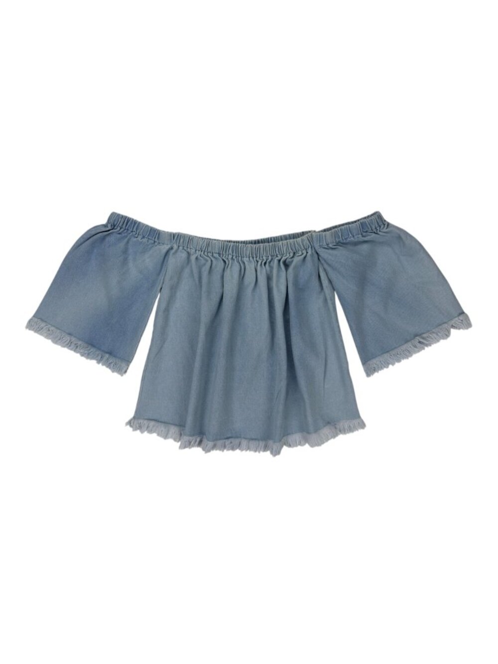 J.O.A. Off the Shoulder Frayed Denim Top Women's Size M Light Wash RARE Boho EUC - Picture 3 of 13